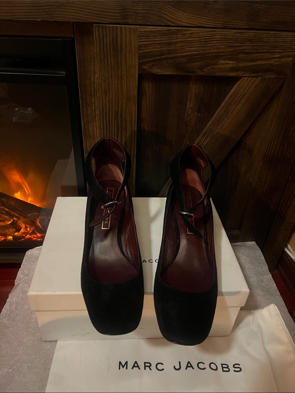 Marc Jacobs Black Suede Ankle-Strap block heel with Burgundy Insole